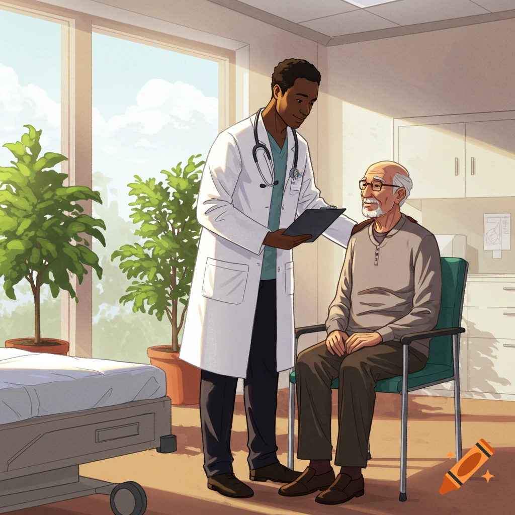An illustration of a Black doctor with a clipboard, placing a hand on the shoulder of an elderly man seated in a hospital room.