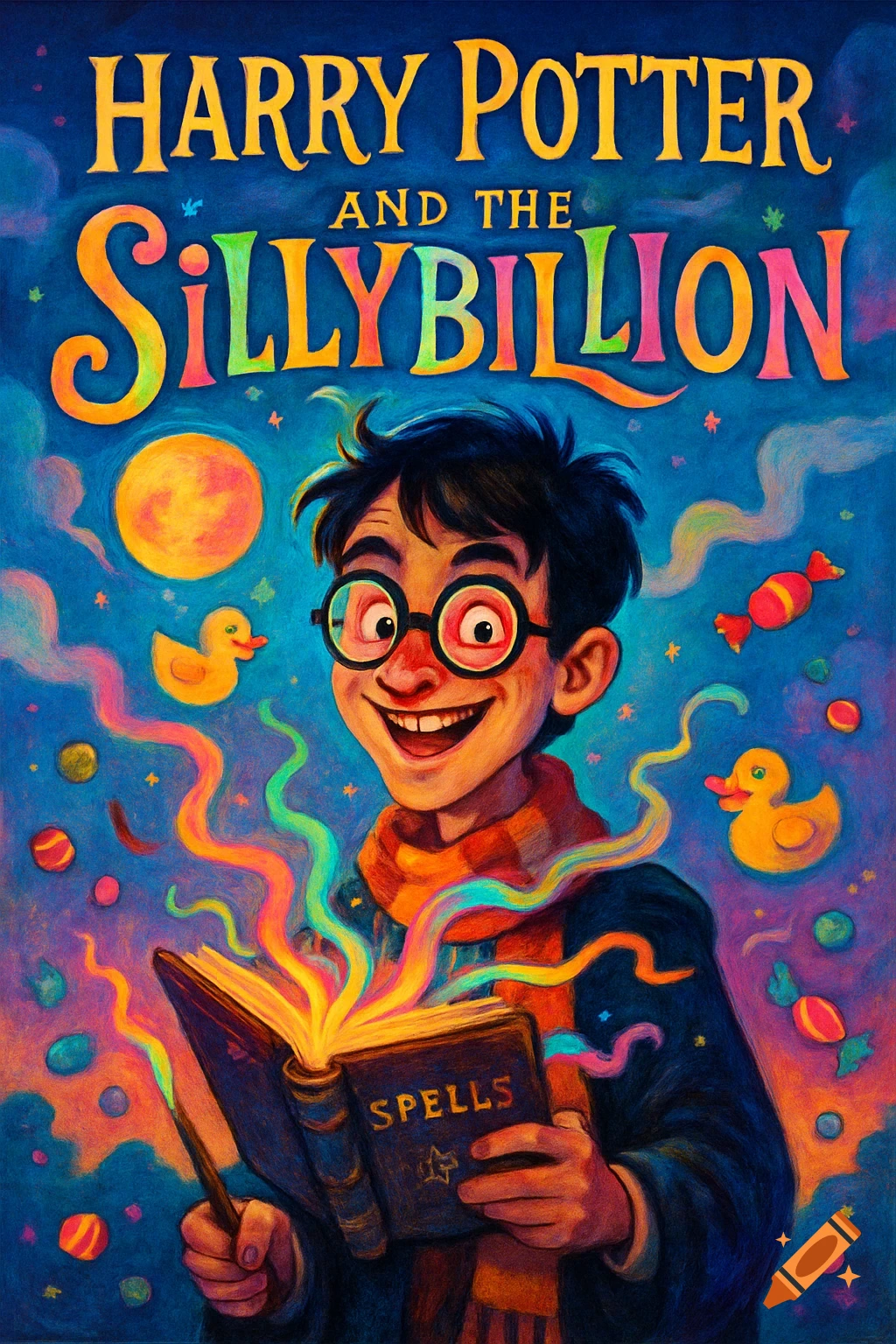 Colorful illustration of a grinning Harry Potter on a book cover titled "Harry Potter and the Sillybillion." He holds a glowing book.