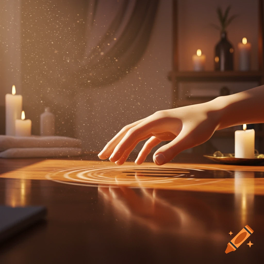 A hand hovers over a wooden surface with concentric ripples, surrounded by lit candles, towels, and dust motes in warm sunlight.