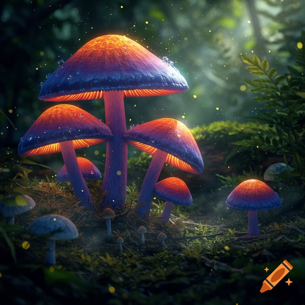 Glowing, bioluminescent mushrooms with water droplets in a dark, misty forest, evoking a fantasy or magical atmosphere.