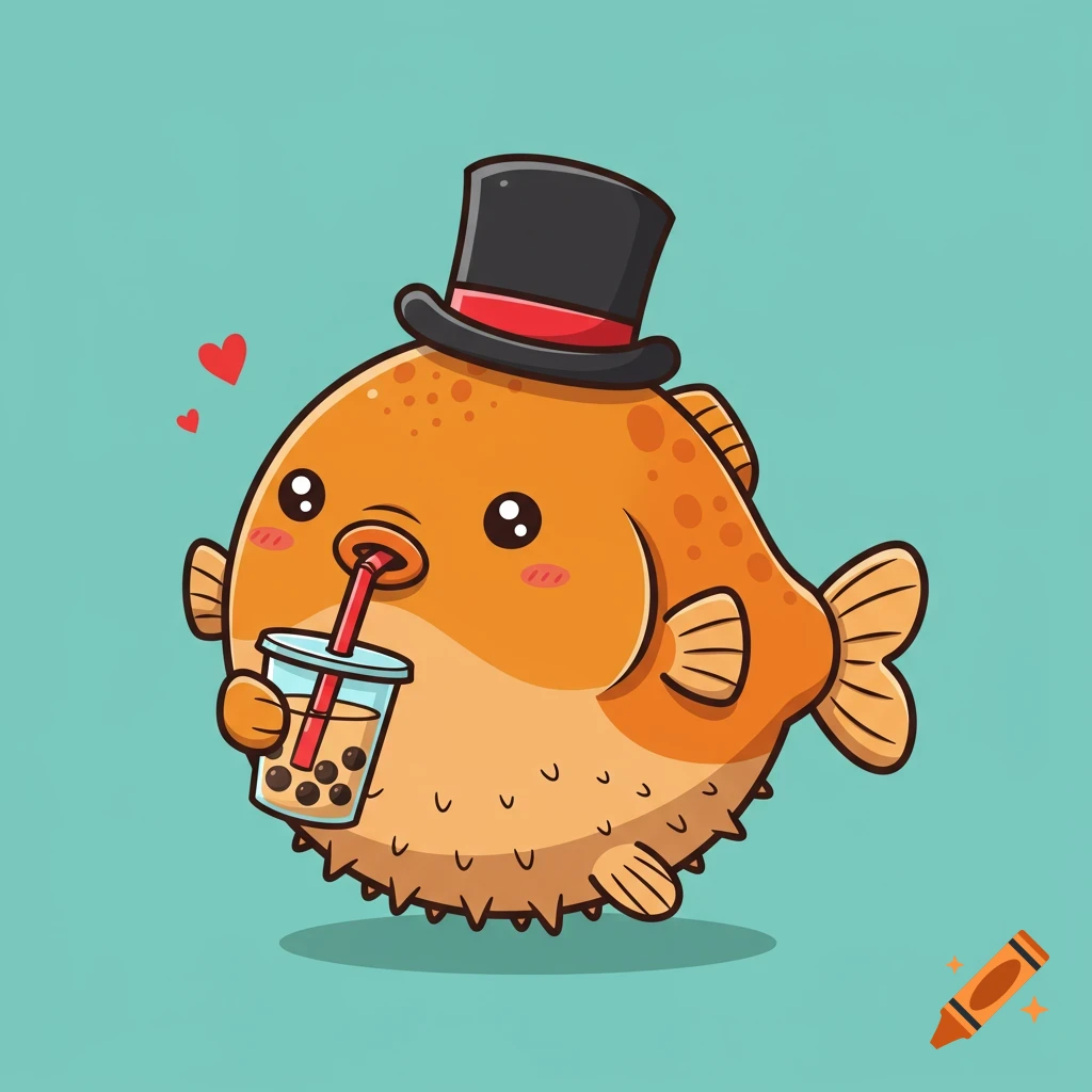 A cute cartoon pufferfish wearing a black top hat, drinking boba tea from a plastic cup with a straw.