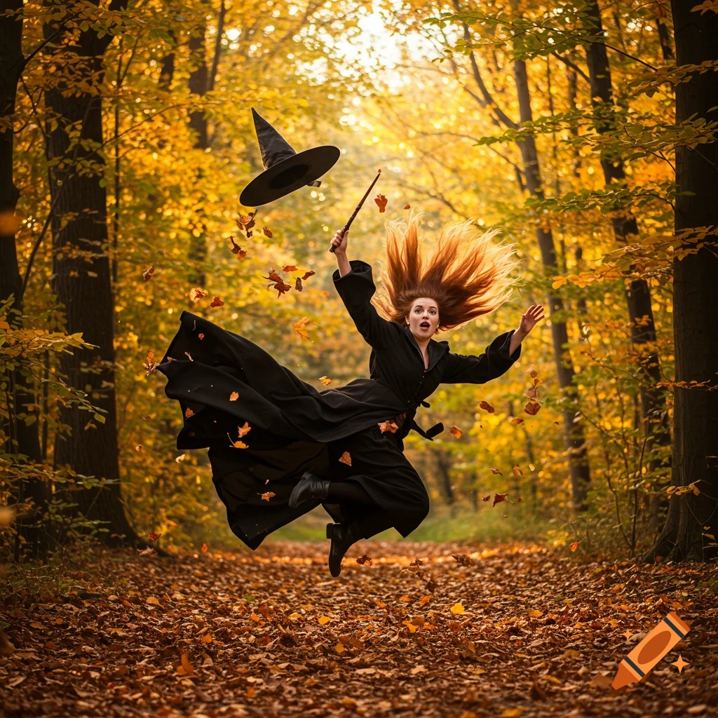 A red-haired witch in a black robe jumps or falls in an autumn forest, surrounded by golden leaves and her flying hat, holding a wand.