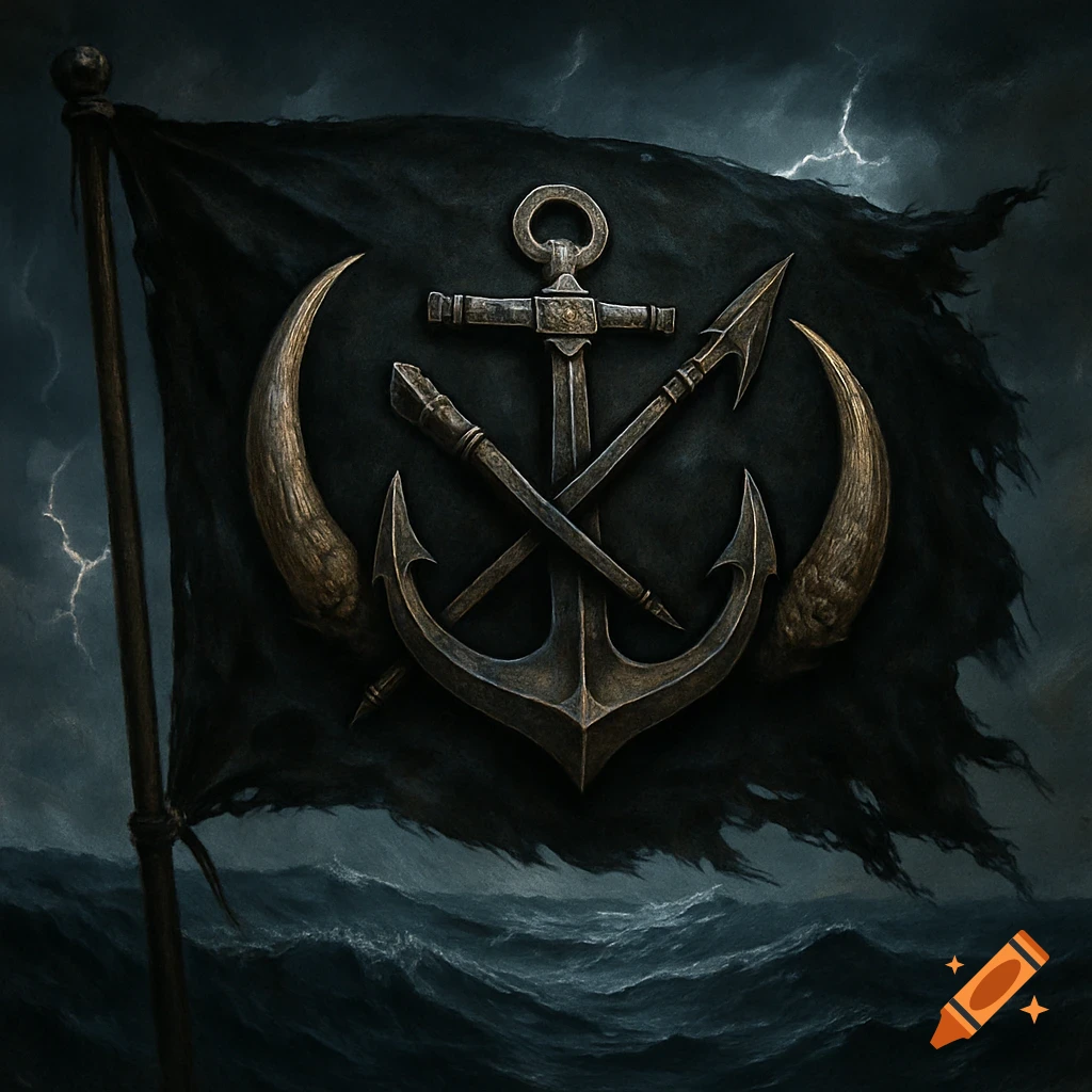 Dark, tattered pirate flag with a crossed anchor, harpoon, and bore tusks emblem against a stormy sea and lightning.