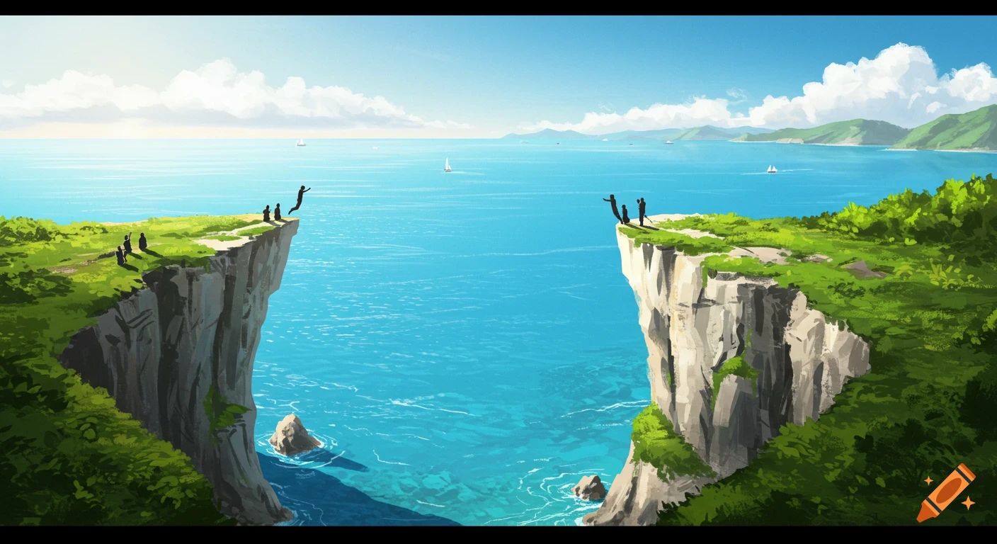 Illustration of people cliff jumping into a clear blue ocean, with lush green cliffs and sailboats in the distance.