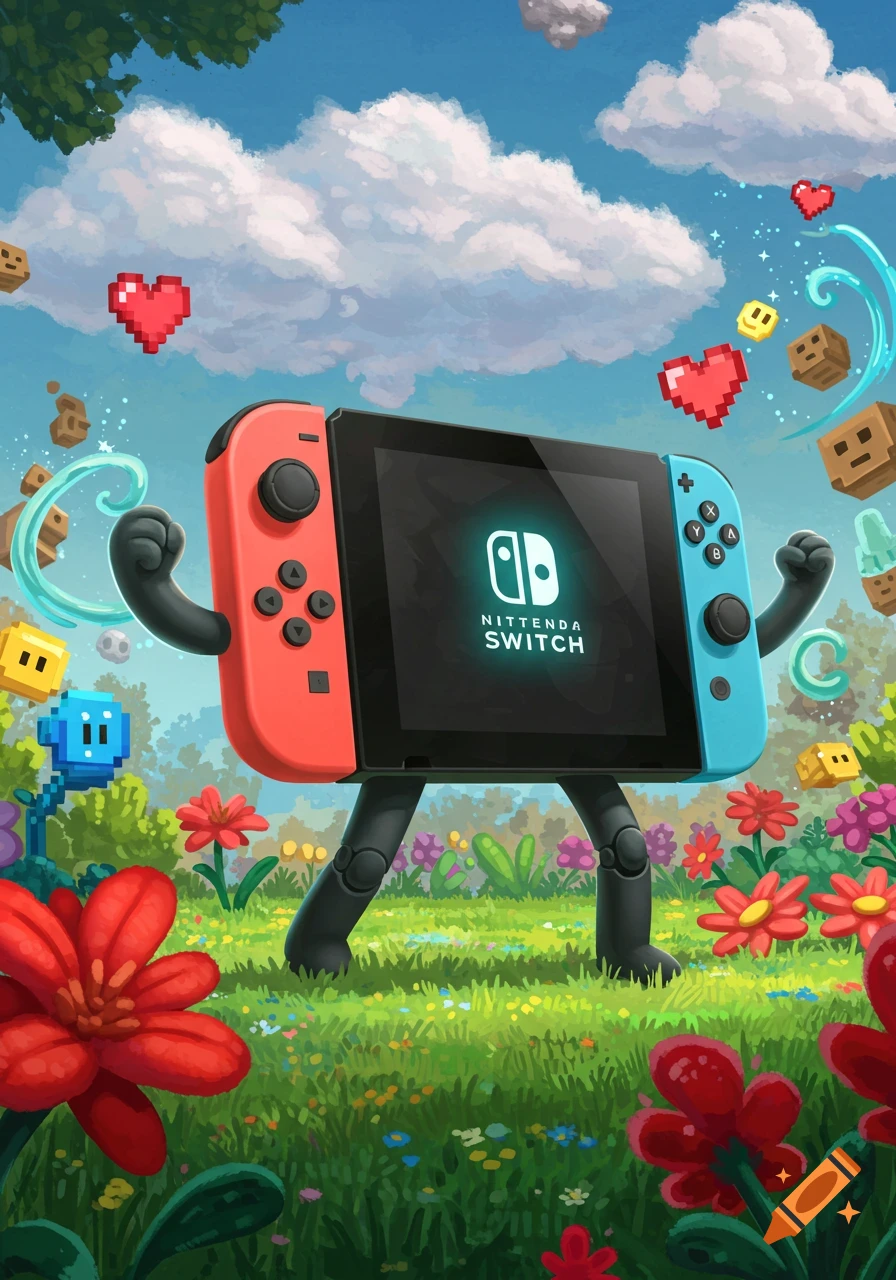 Cartoonish Nintendo Switch with arms and legs in a vibrant field with flowers, pixelated hearts, and blocks under a blue sky.