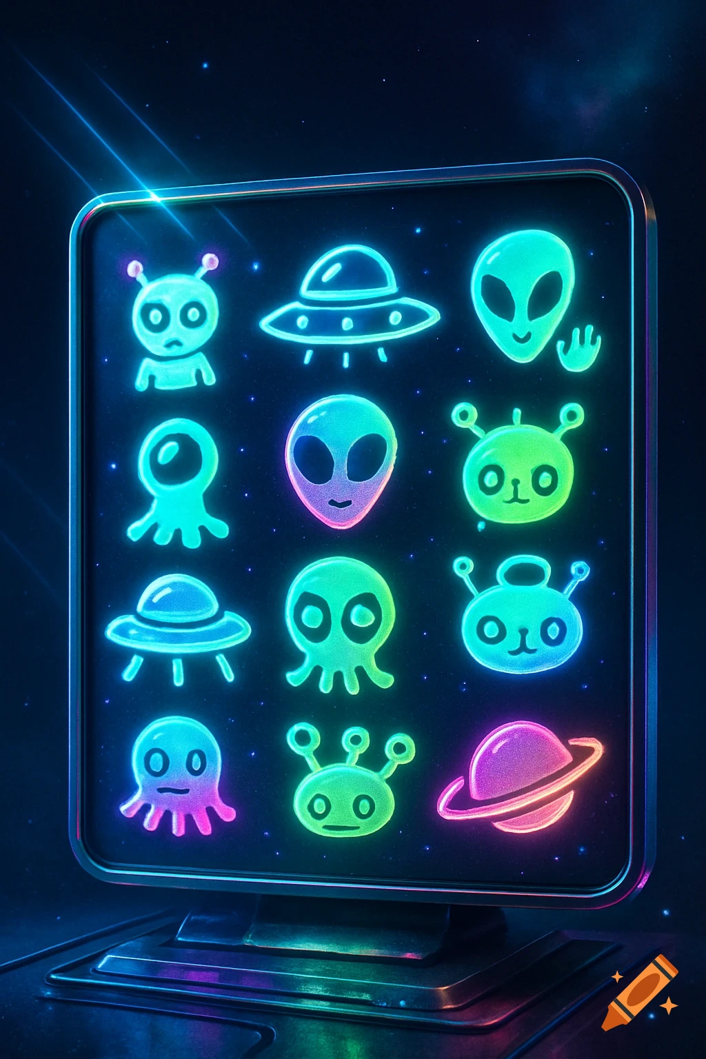 A screen displaying various glowing neon cartoon alien characters, UFOs, and a planet in space.