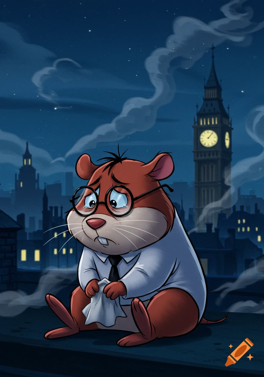 Cartoon hamster-like character, resembling Penfold, sits sadly on a London rooftop at night, Big Ben in background.
