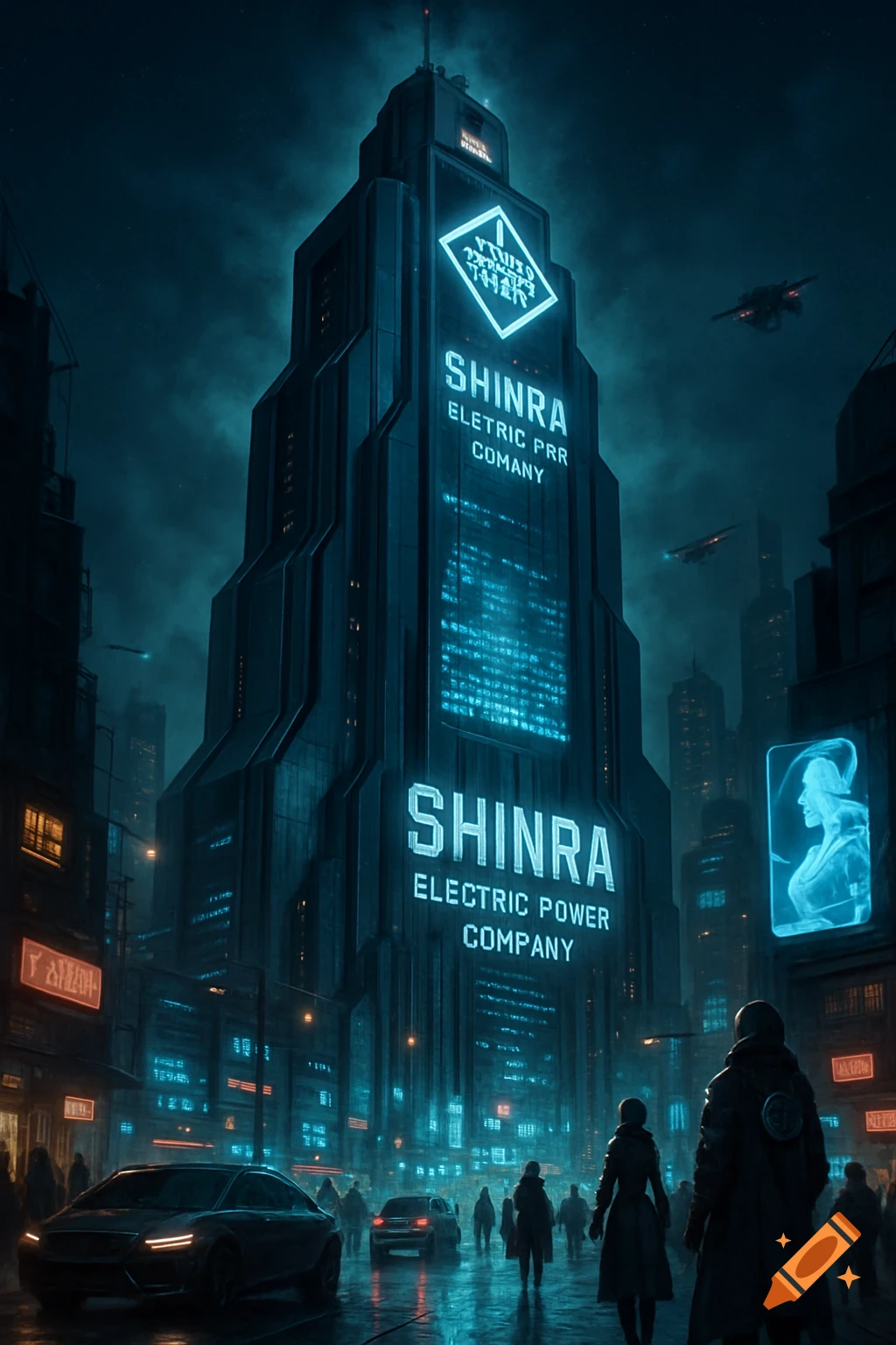A dark, futuristic city street at night, with a towering corporate building glowing with blue neon signs for Shinra Electric Power Company. Flying vehicles are in the sky and people walk on the wet streets below.