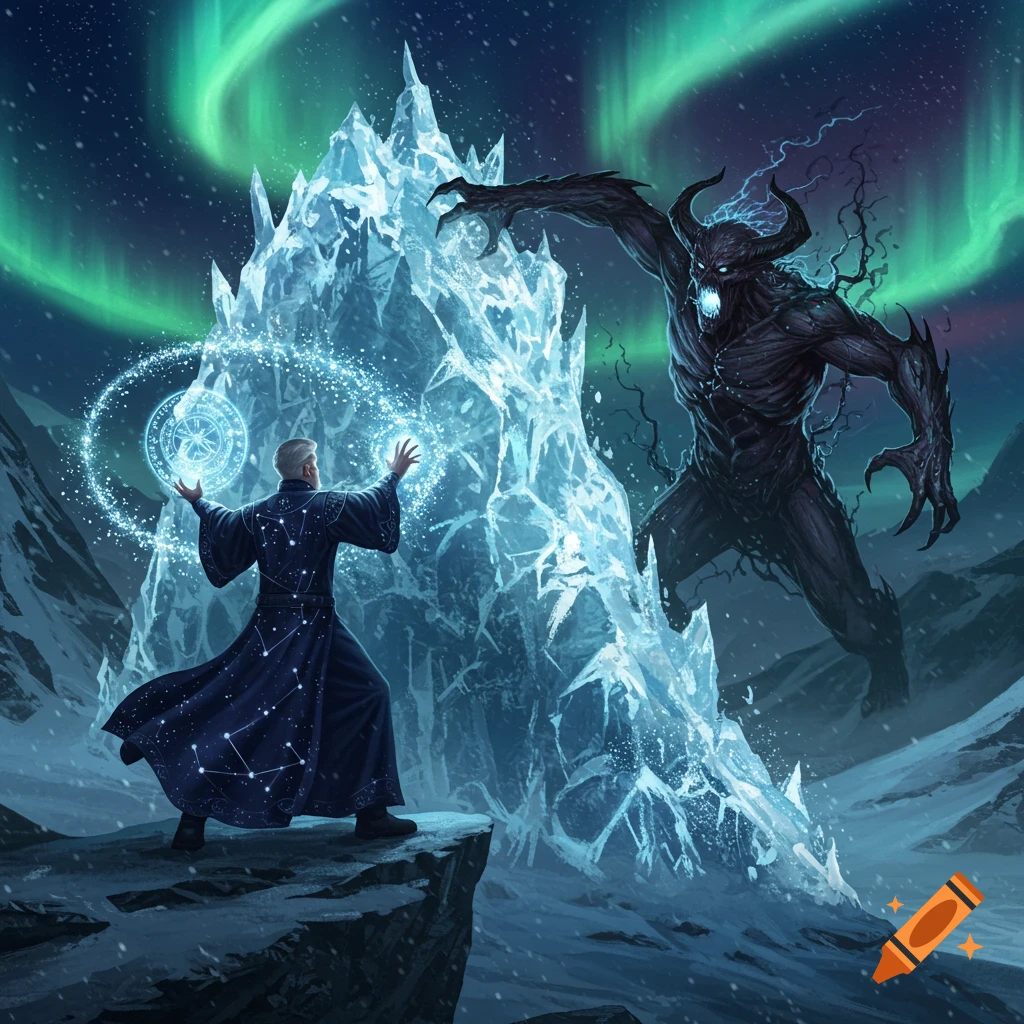 A wizard in a starry robe casts ice magic to create a jagged wall, entrapping a horned, shadowy monster in a snowy, aurora-lit landscape.