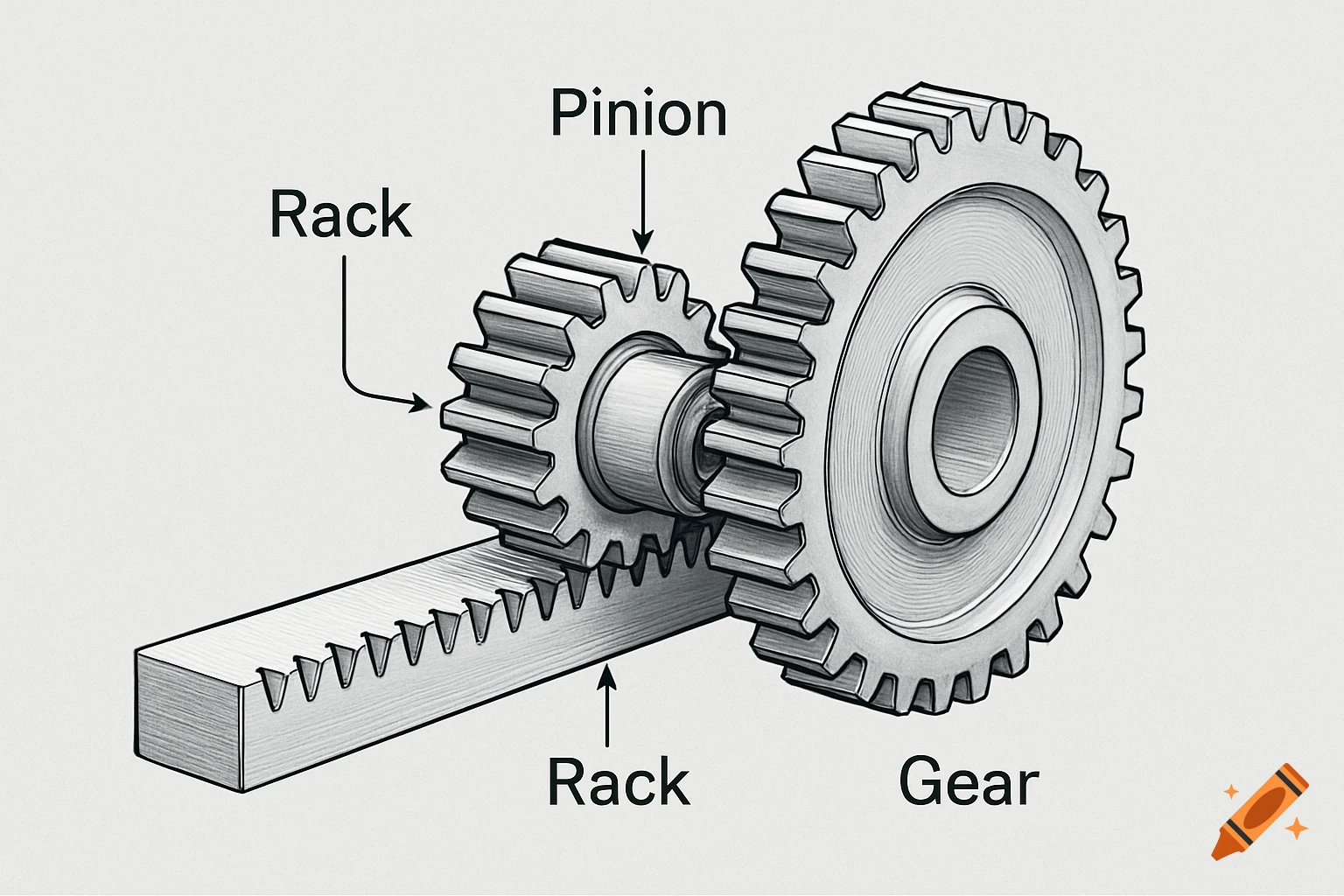 A labeled diagram illustrating a rack and pinion mechanism connecting to a larger gear, drawn in a sketch style.