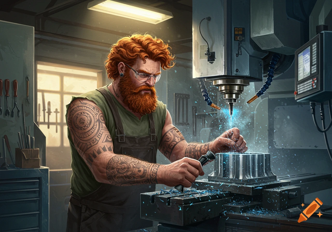 A red-haired man with a beard and tattoos operates a CNC milling machine, with sparks flying from the metal. Photorealistic illustration.