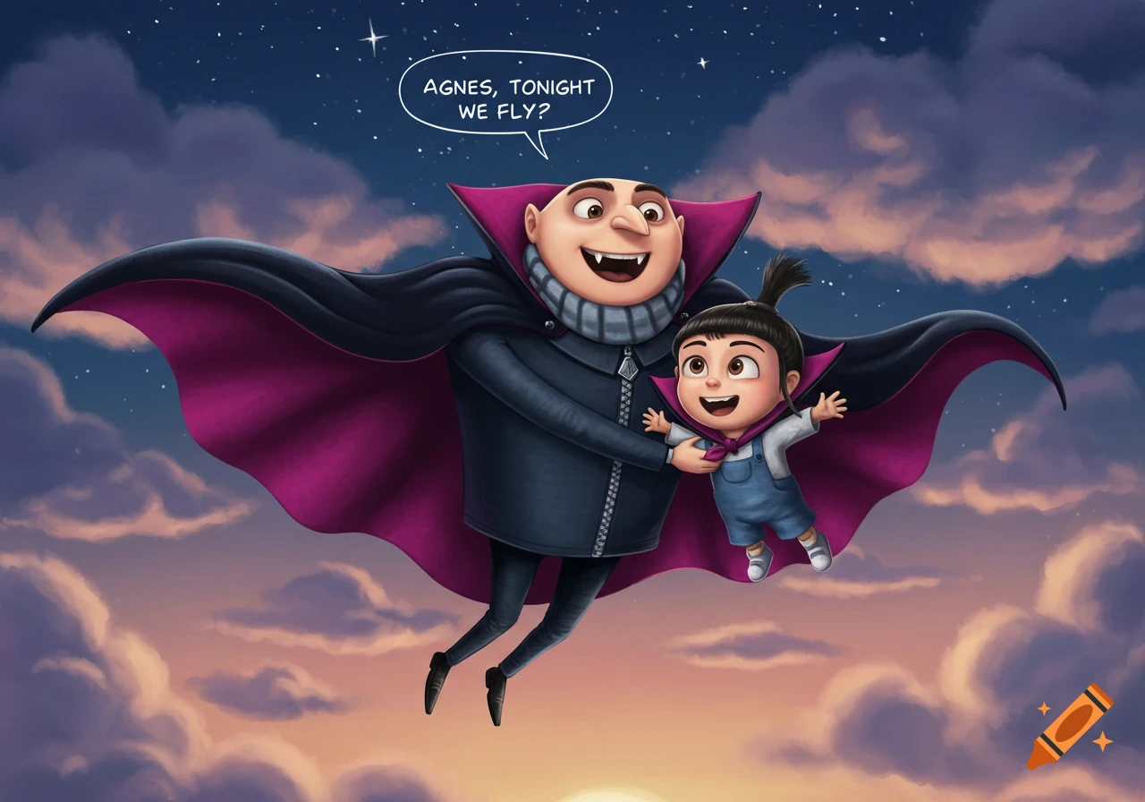 Gru, dressed as a vampire in a black and magenta cape, flies through a starry night sky, holding Agnes, who also wears a magenta cape.