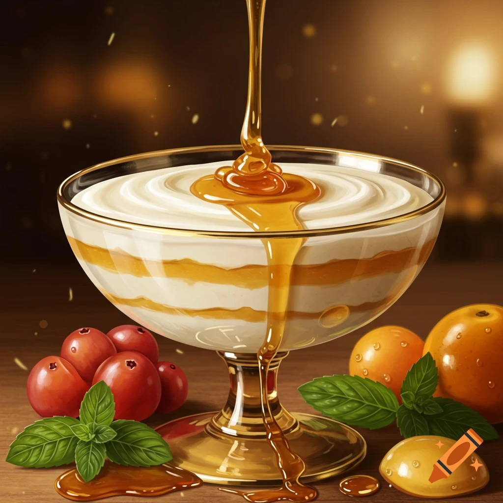Golden honey streams into a glass bowl layered with creamy white and golden dessert, surrounded by cranberries, mint, and citrus.