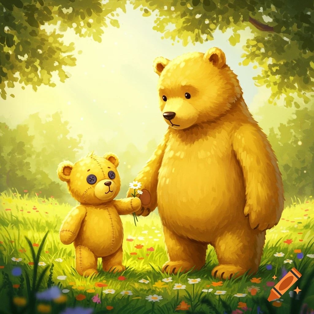 A larger yellow bear stands next to a small yellow teddy bear with button eyes, who holds a white flower in a sunny, green field with wildflowers.