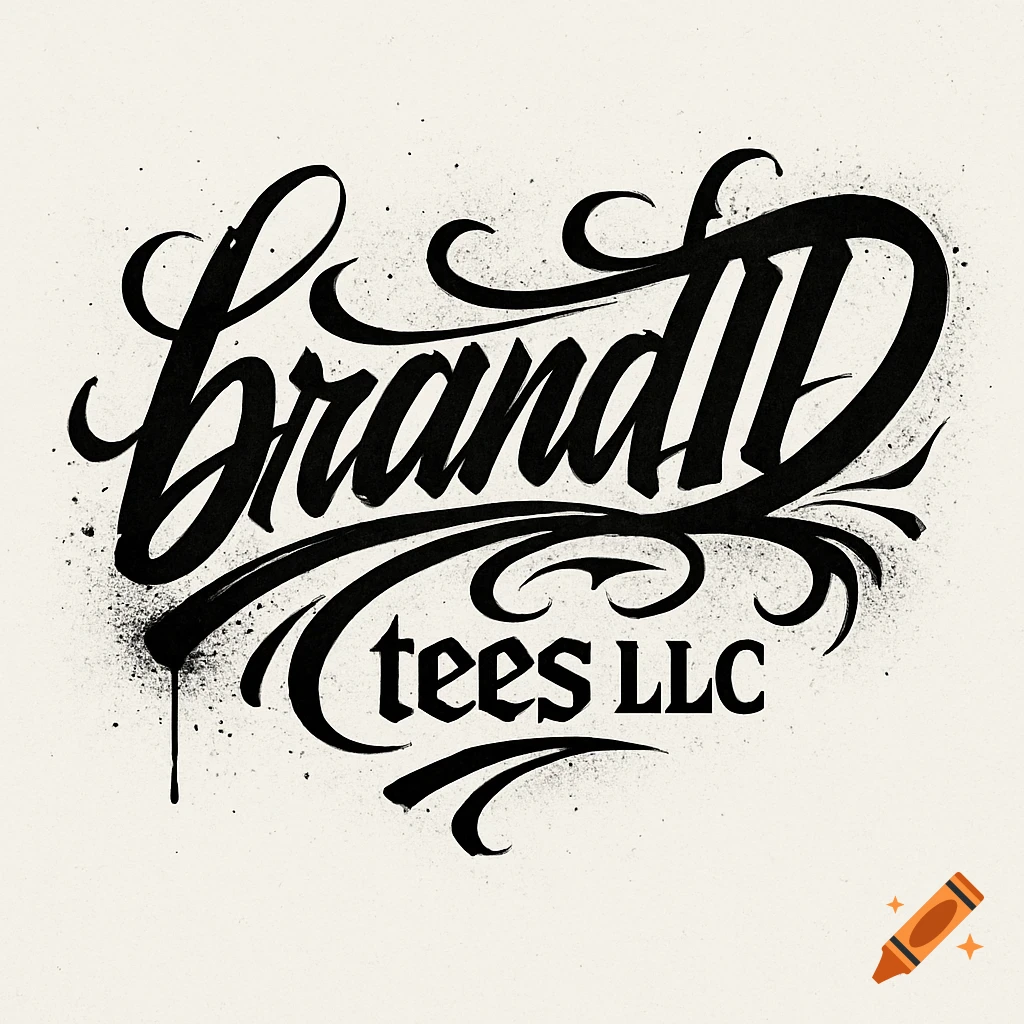 Black and white logo for "brandID tees LLC" in flowing graffiti script and clean tattoo-style font with spray paint textures.