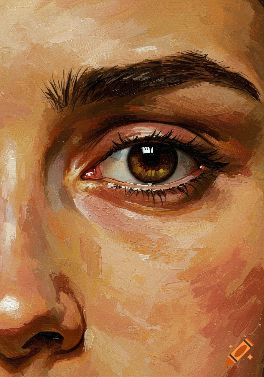 A close-up oil painting of a brown human eye looking down, with visible brushstrokes.