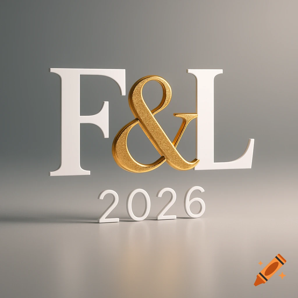 3D rendered white letters F and L, with a golden ampersand, above white numbers 2026, on a grey background.