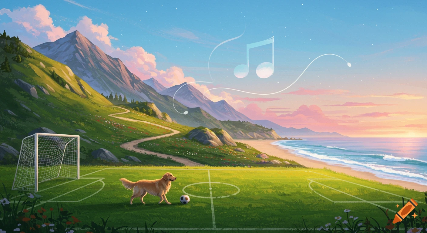 An illustrative landscape with a golden retriever on a soccer field near a beach and mountains, with music notes floating in the sky.