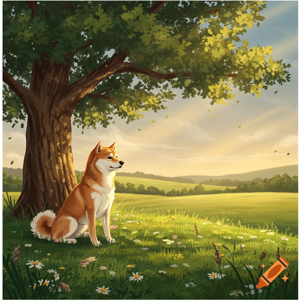 A Shiba Inu dog sits under a large tree in a grassy field with wildflowers under a golden sky in a Western painting style.