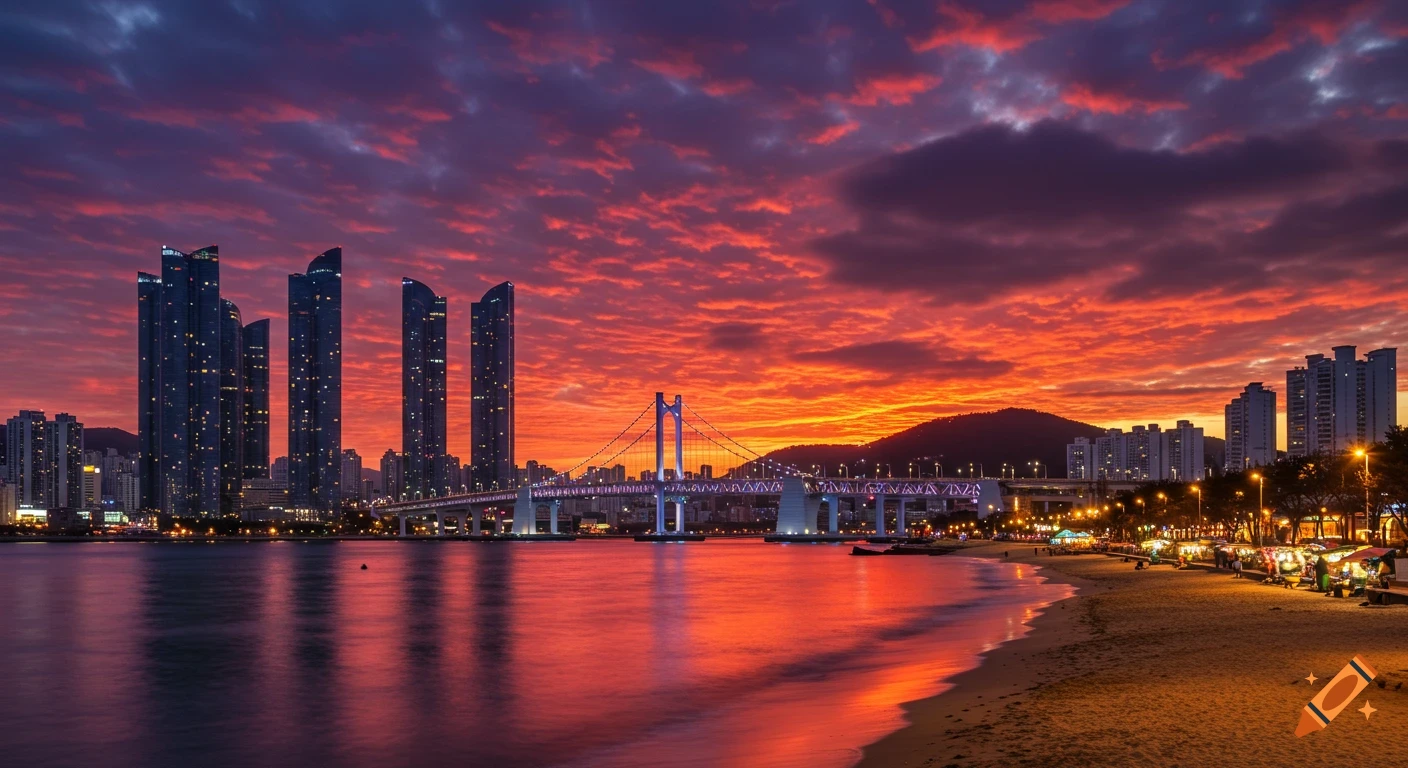 Dramatic sunset over Busan cityscape with Gwangandaegyo Bridge, modern skyscrapers, and a vibrant beach reflecting the red sky.