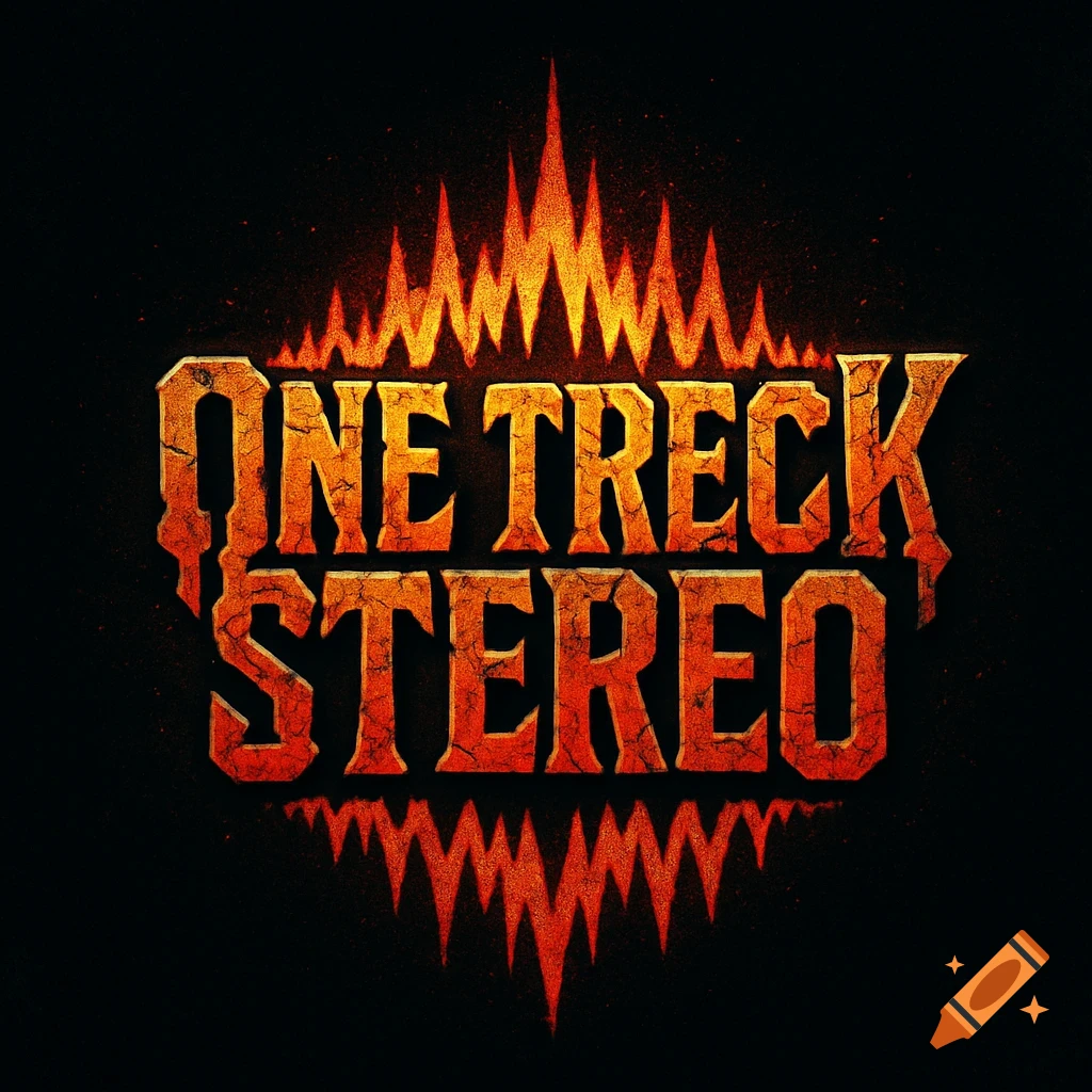 A grunge-style rock band logo with fiery orange and red textured text that reads 'ONE TRECK STEREO' over a black background.