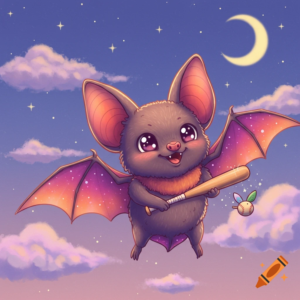 A cute, fluffy, cartoon bat with big eyes holds a baseball bat and smiles, flying next to a winged baseball in a starry night sky with a crescent moon.