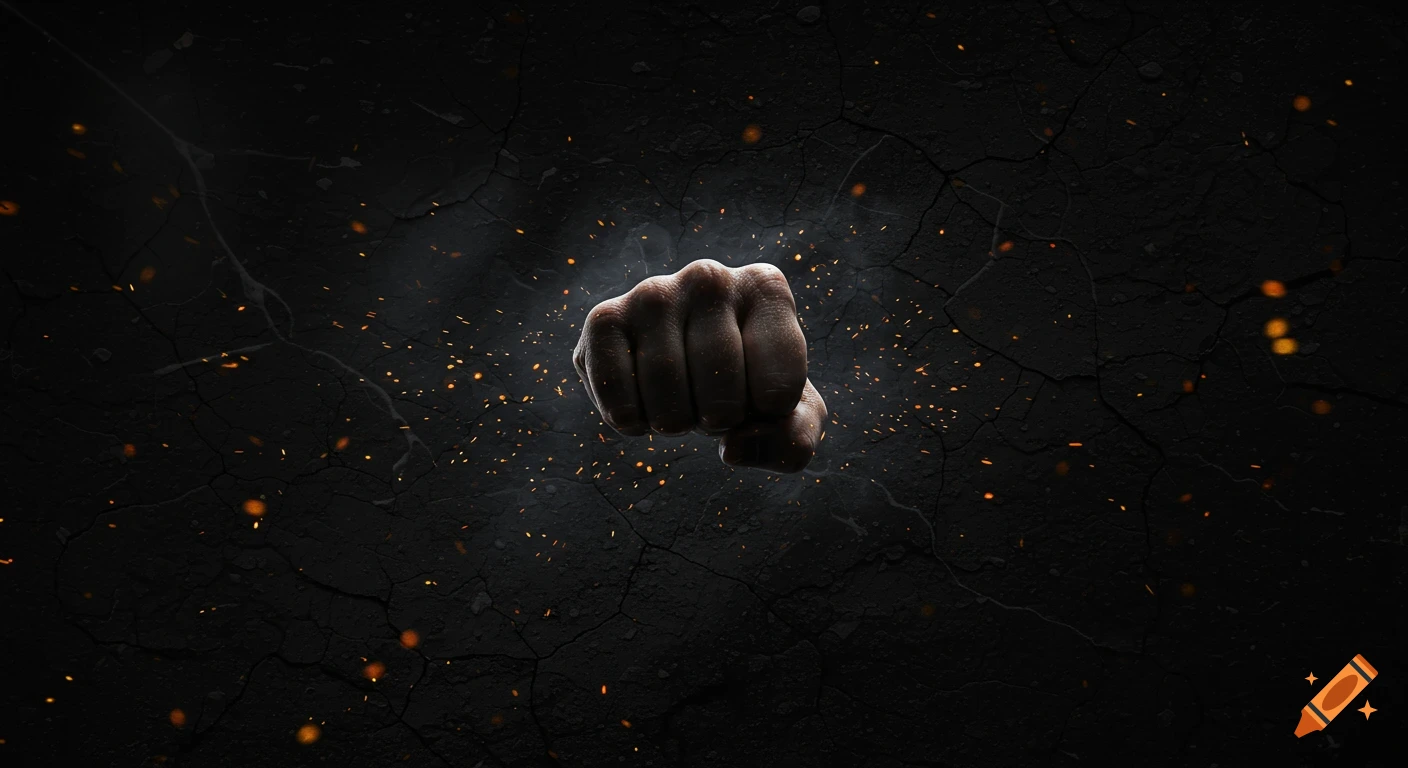 A powerful clenched fist emerges from a dark, smoky, cracked background with flying orange sparks.