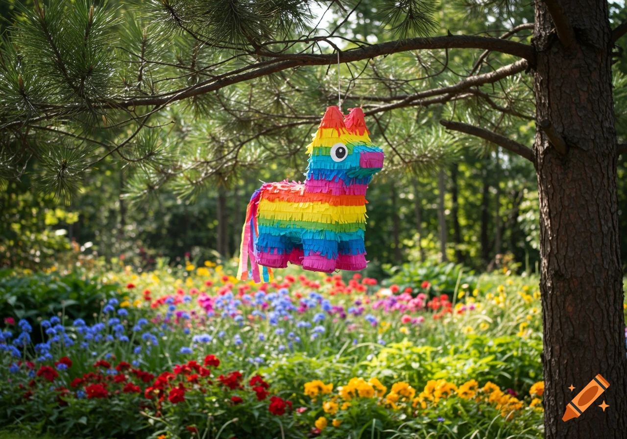 A colorful rainbow pinata hangs from a pine tree branch, overlooking a vibrant flower garden.