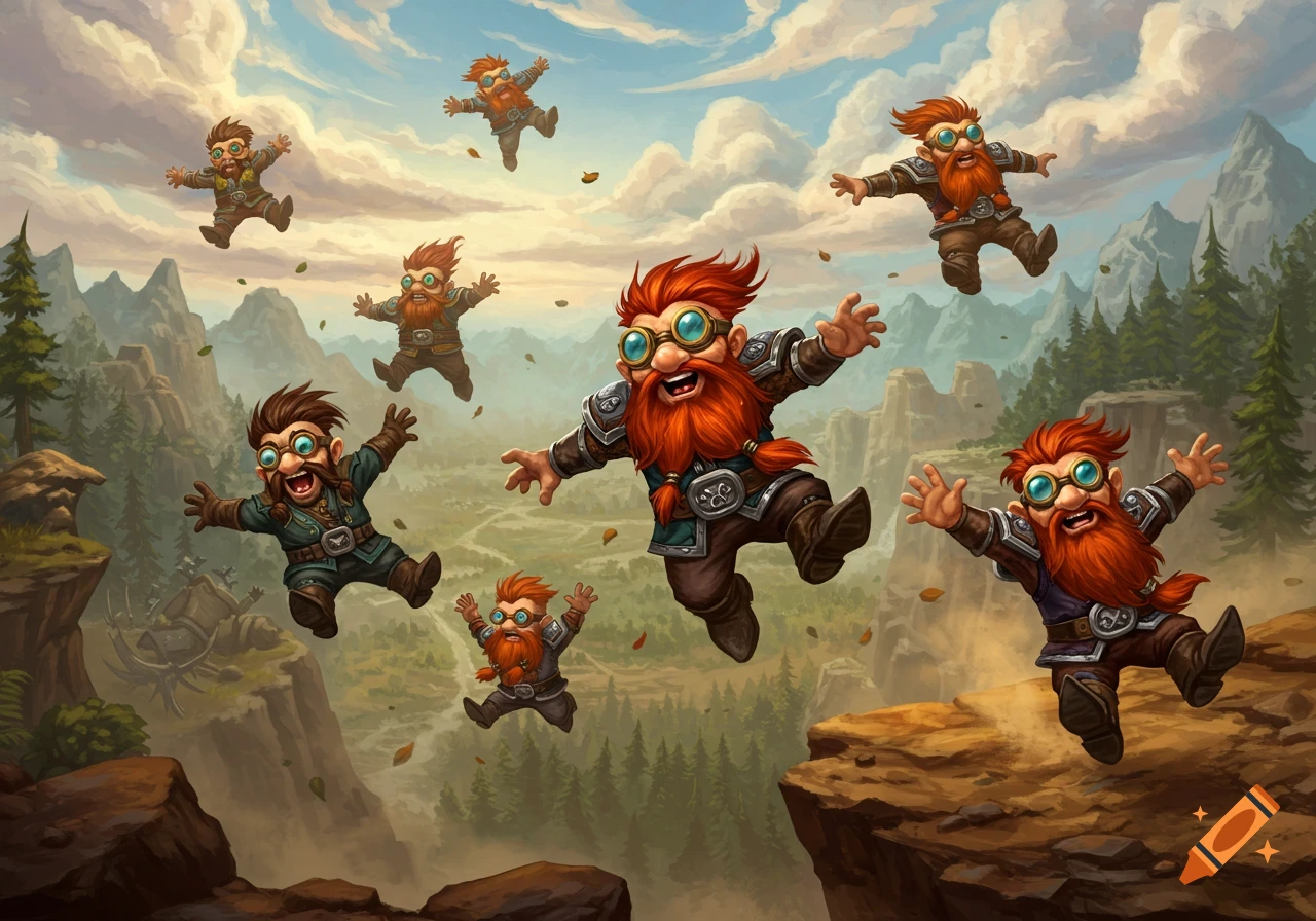 Cartoon gnomes with red beards and goggles joyfully leap from a cliff over a valley with mountains and forests, in a vibrant Blizzard style.