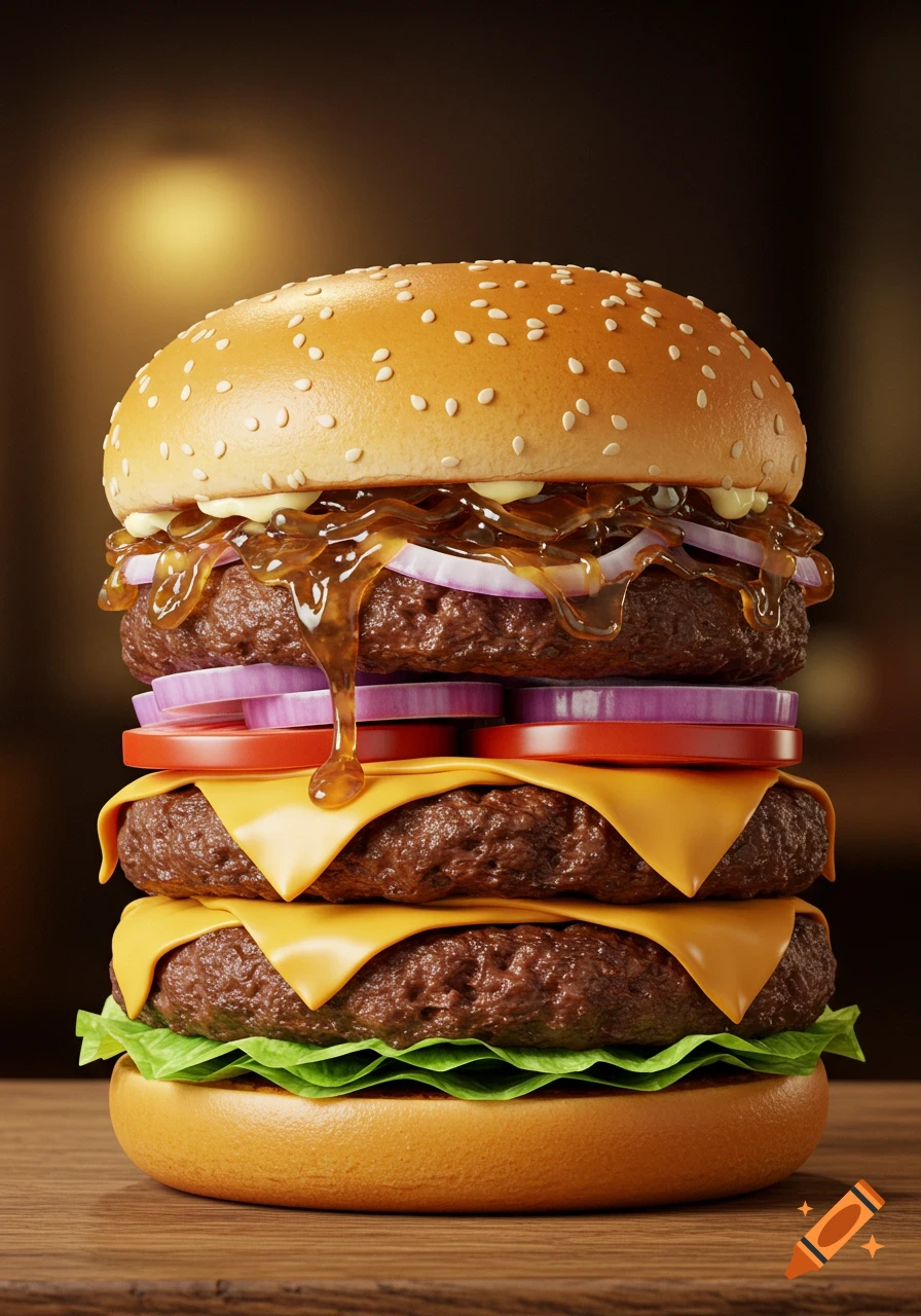 A tall, photorealistic triple-patty burger with cheese, lettuce, red onions, and a thick, glossy sauce dripping down.