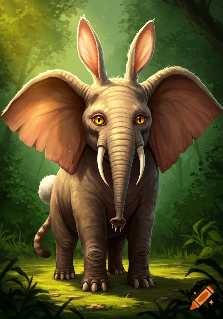 A whimsical hybrid creature with an elephant's body and trunk, large elephant ears, long rabbit ears, a fluffy white rabbit tail, and small fangs, stands in a lush green forest clearing in a stylized illustration.