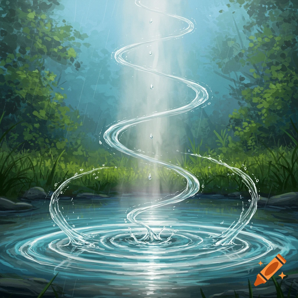Vibrant illustration of a spiraling water column rising from a pond in a lush green forest, with light shining through rain.