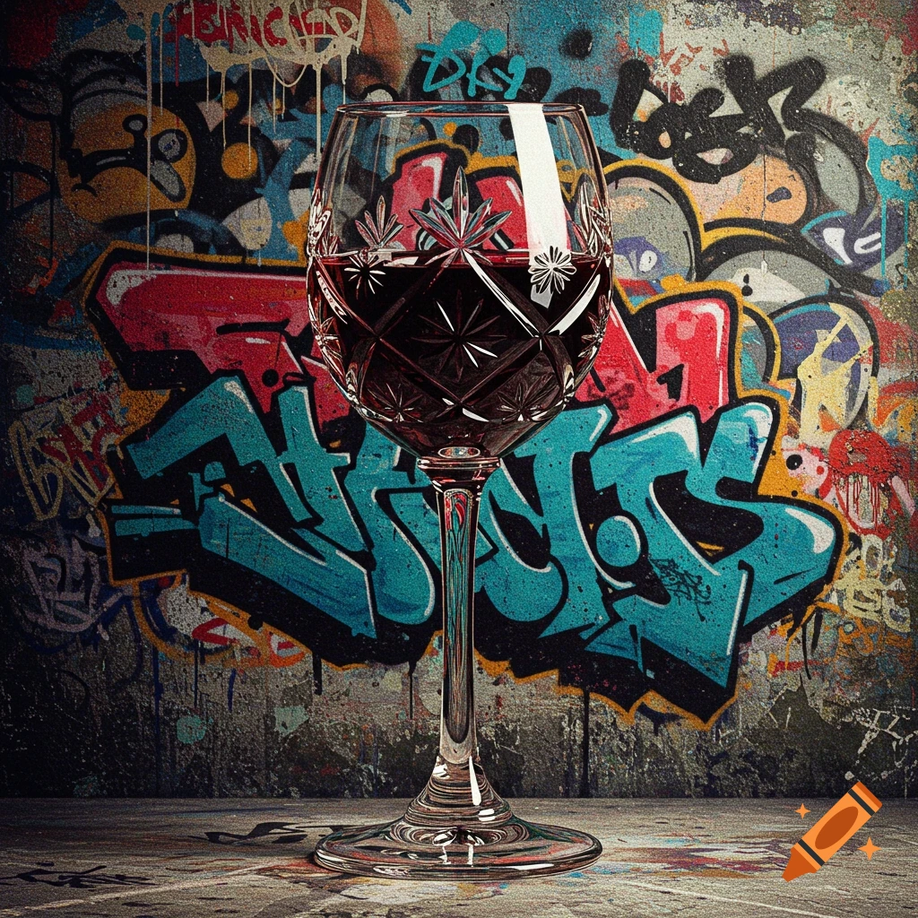 A crystal wine glass filled with red wine stands against a vibrant, multi-colored graffiti-covered wall, with light catching the glass's intricate patterns.