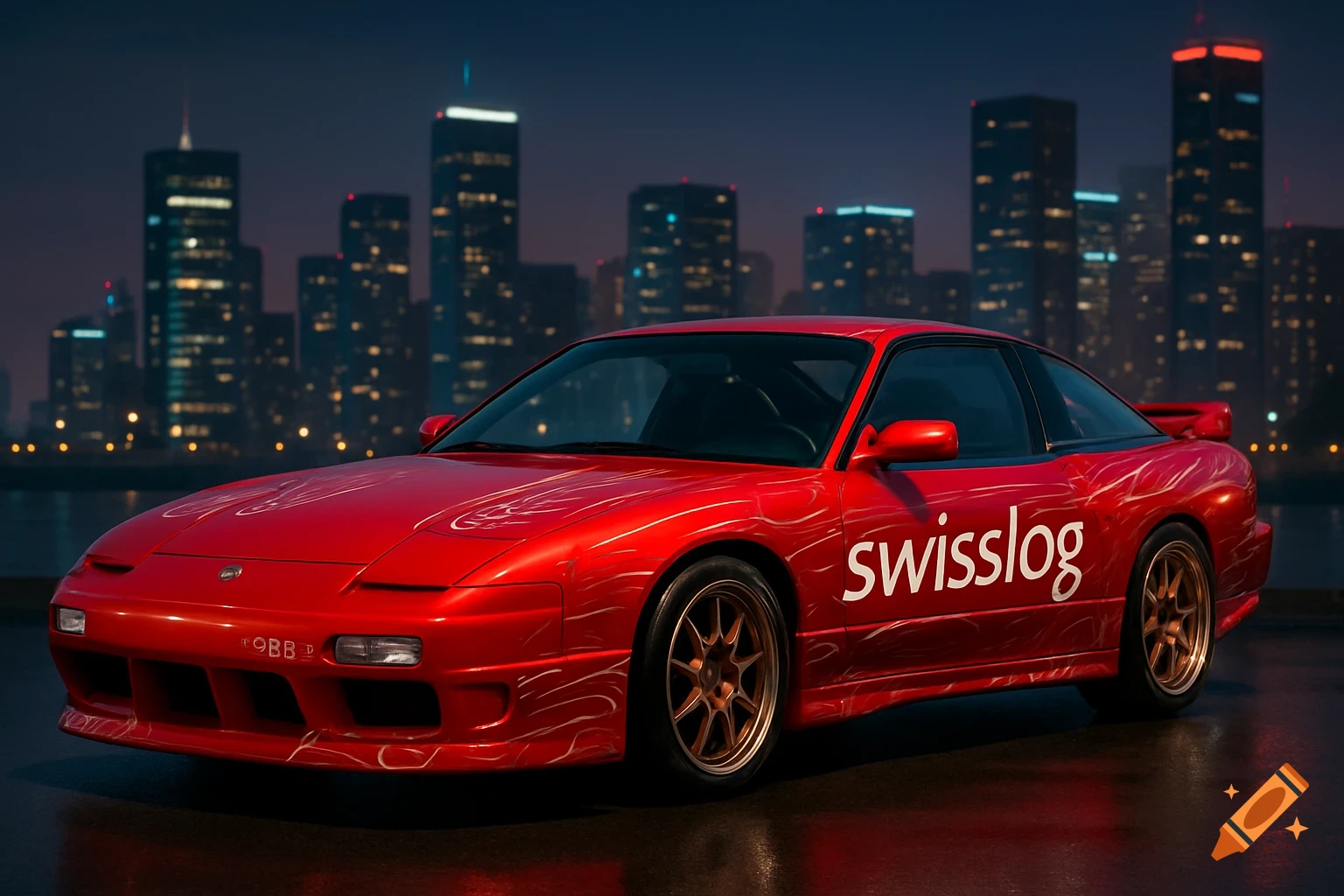 A red Nissan 200sx with "swisslog" livery parked on a wet street at night, with a blurred city skyline in the background.
