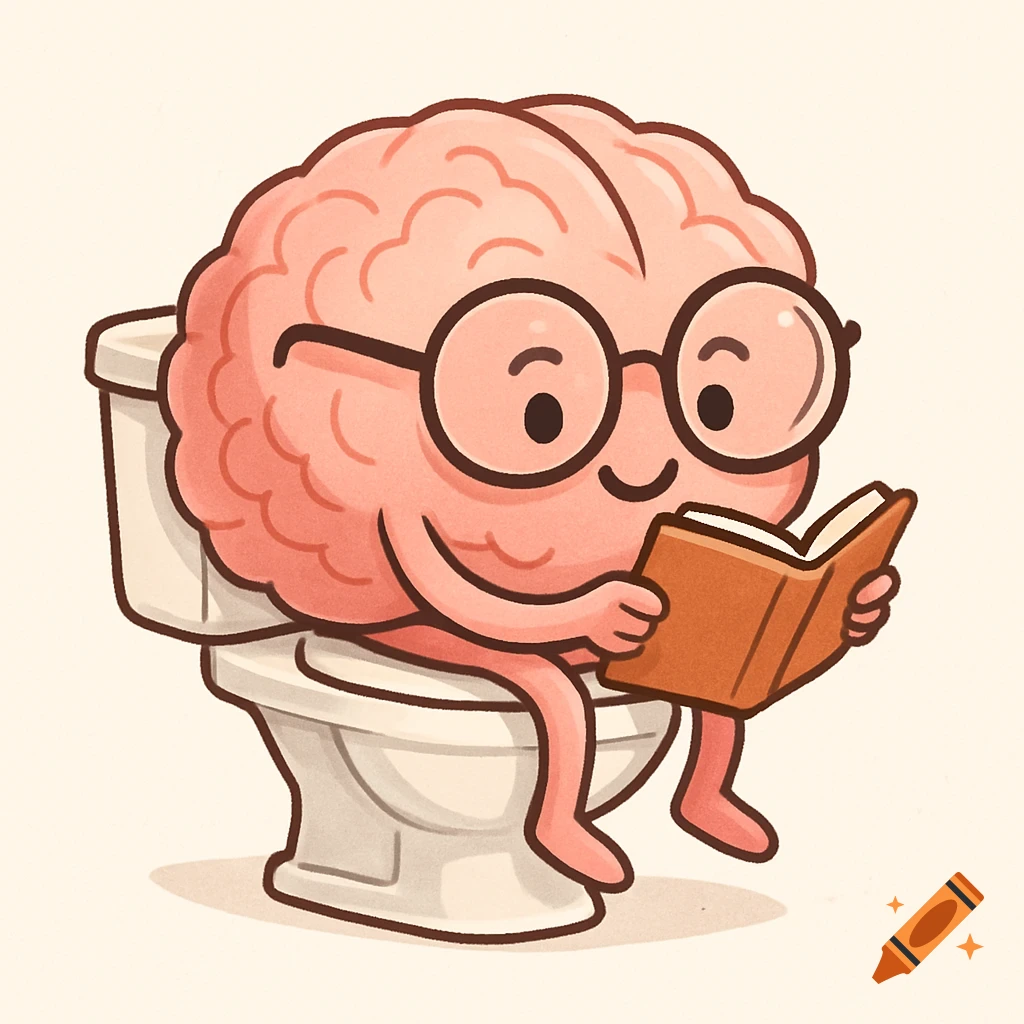 Cute cartoon pink brain with round glasses sitting on a toilet, reading a book, on a minimal background.