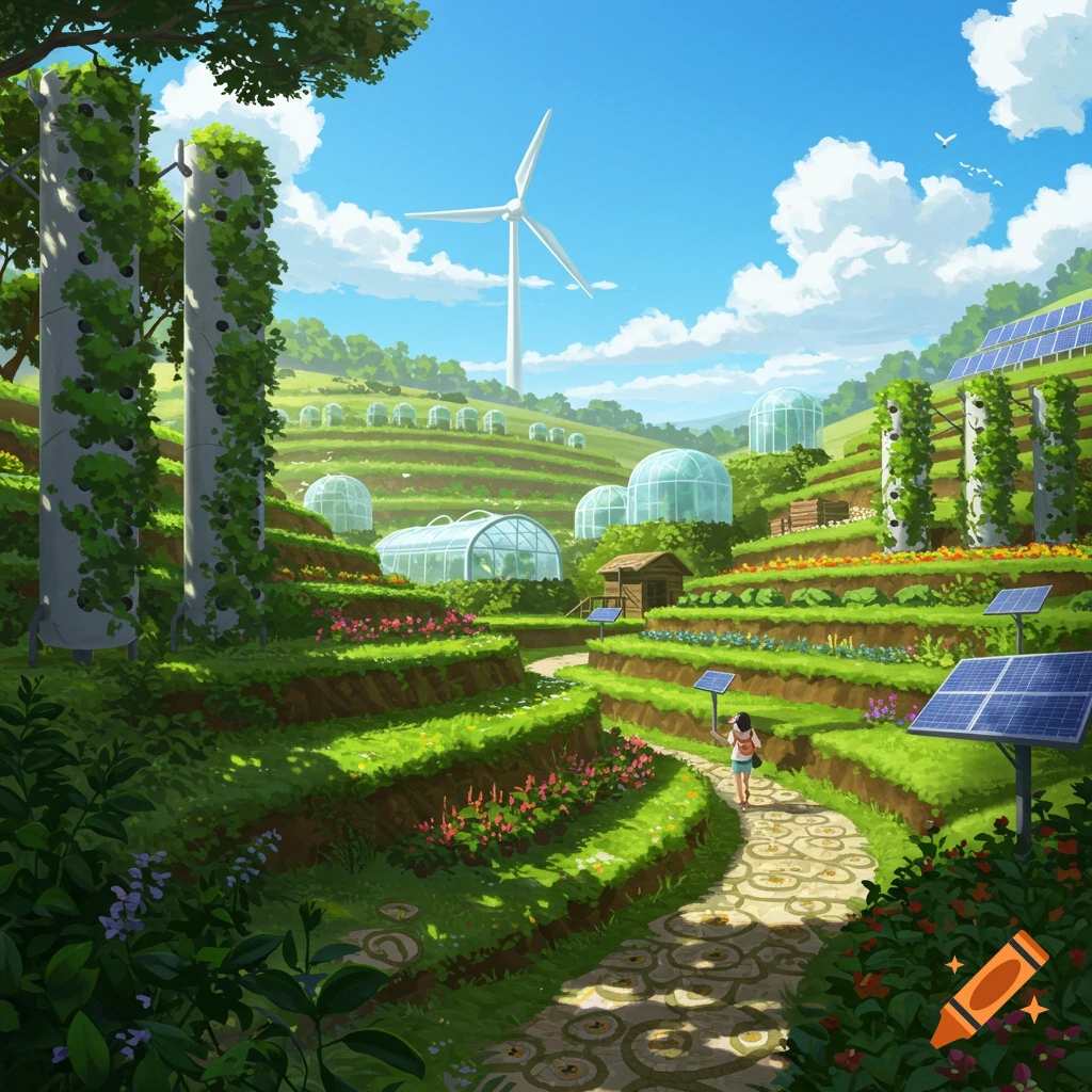 Vibrant anime-style solarpunk farm with terraced fields, greenhouses, wind turbines, solar panels, and a person walking.