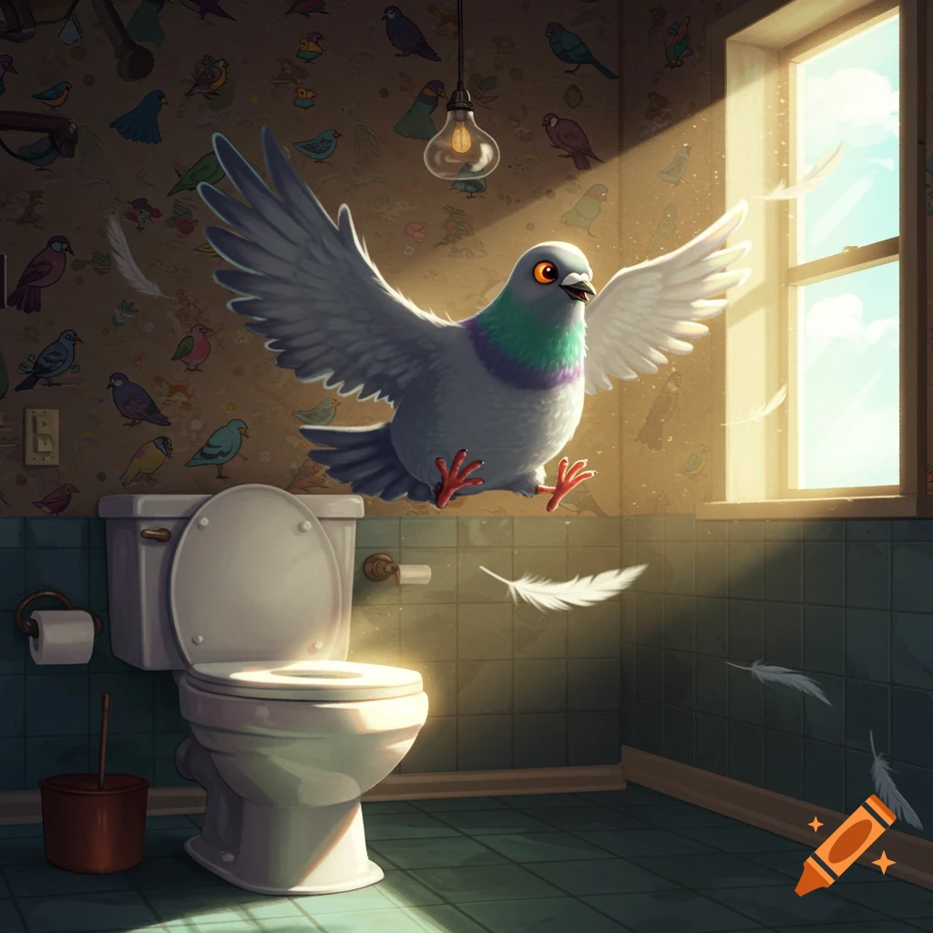 A colorful cartoon pigeon with outstretched wings hovers above a toilet in a sunlit bathroom with bird-patterned wallpaper.