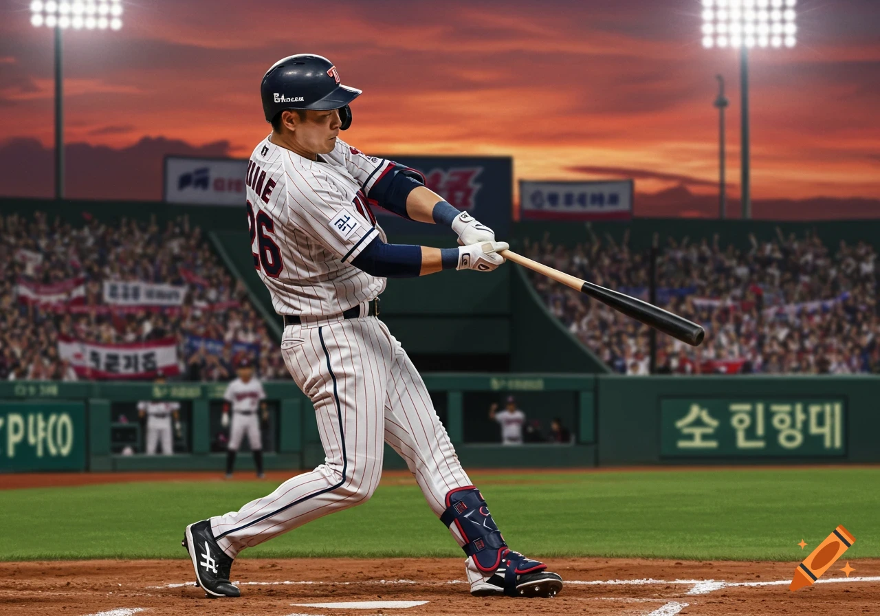 A baseball player in an LG Twins uniform, number 26, is captured mid-swing against a sunset sky in a crowded stadium.