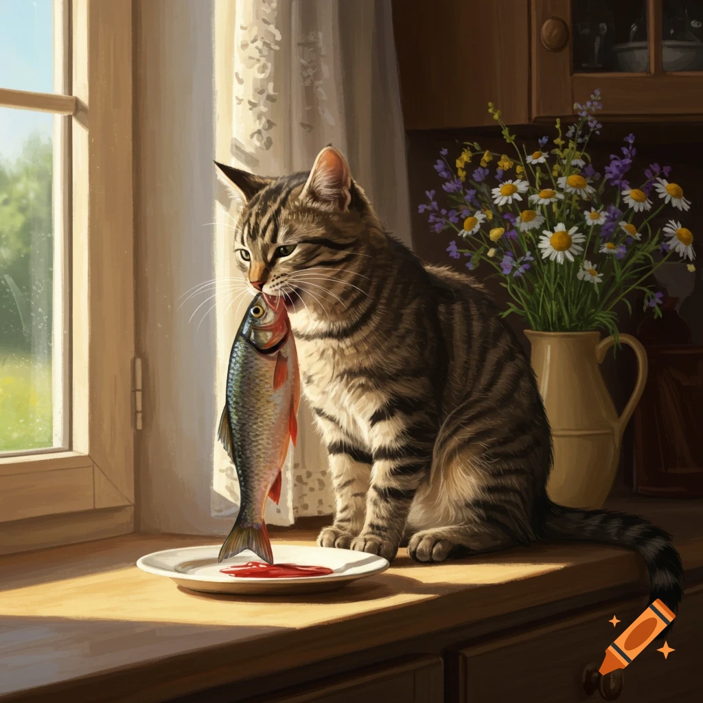 A photorealistic tabby cat holds a fish in its mouth on a kitchen counter with a plate and wildflowers in a vase.