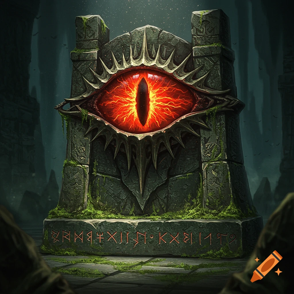 A menacing, glowing red eye set in a dark, moss-covered stone temple base with ancient carvings.