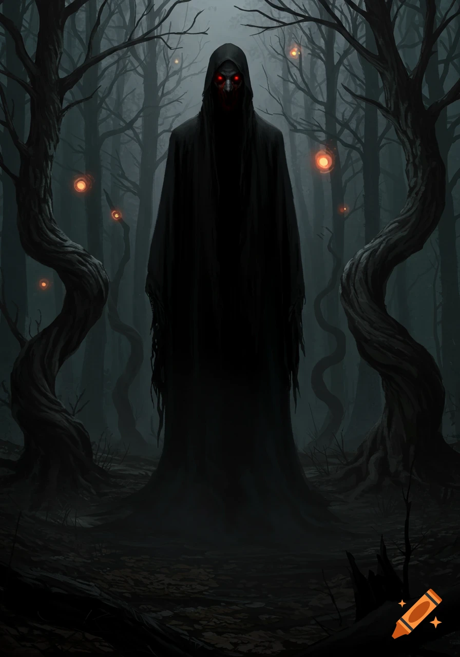 A hooded, dark figure with glowing red eyes stands in an eerie forest with gnarled trees and glowing orange orbs, in a dark fantasy art style.