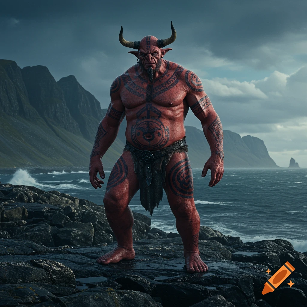 A muscular, red-skinned Viking troll with horns and black tattoos stands on a rocky shore by a stormy sea and mountains, photorealistic.