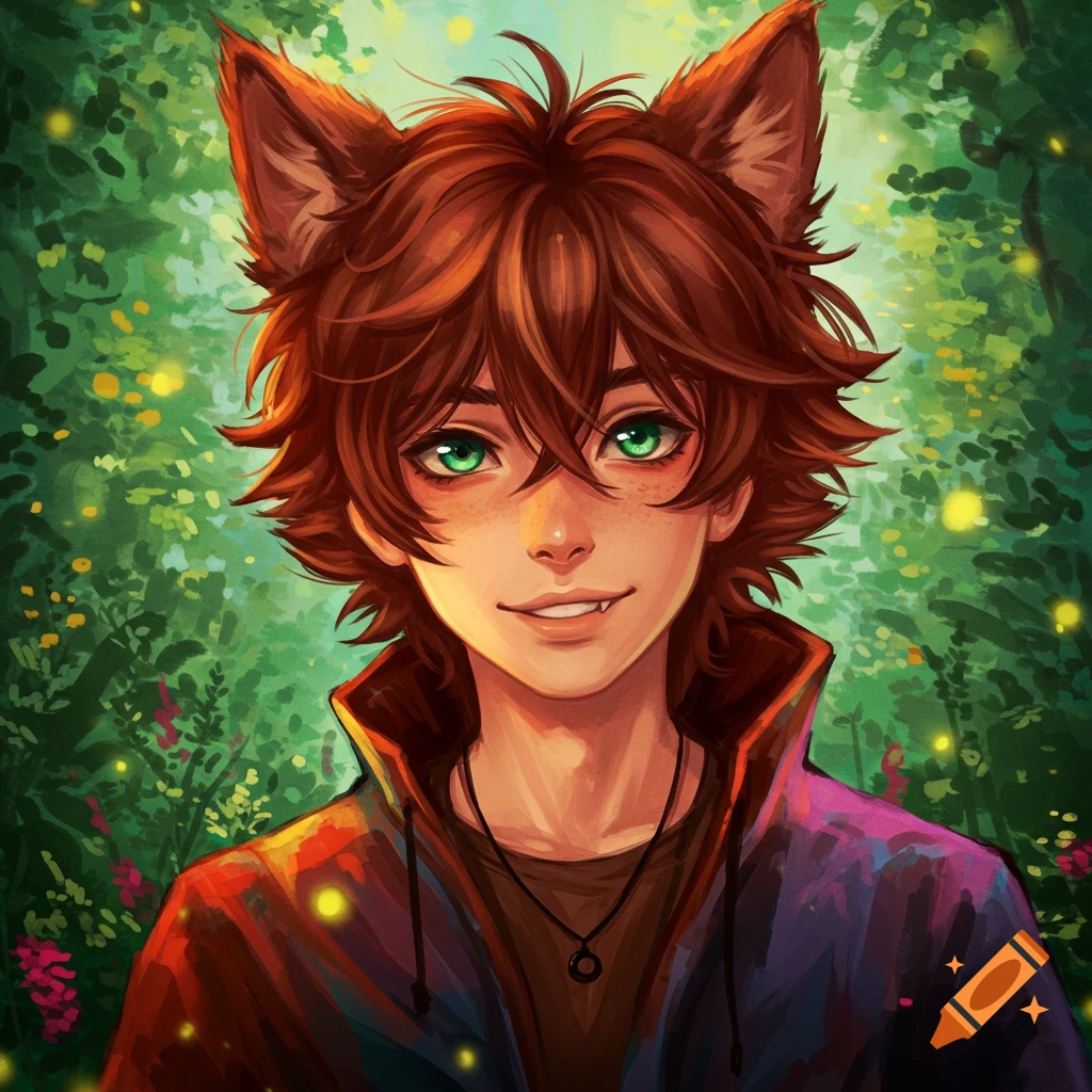 Anime illustration of a smiling wolf boy with brown hair and green eyes, in a vibrant green forest.
