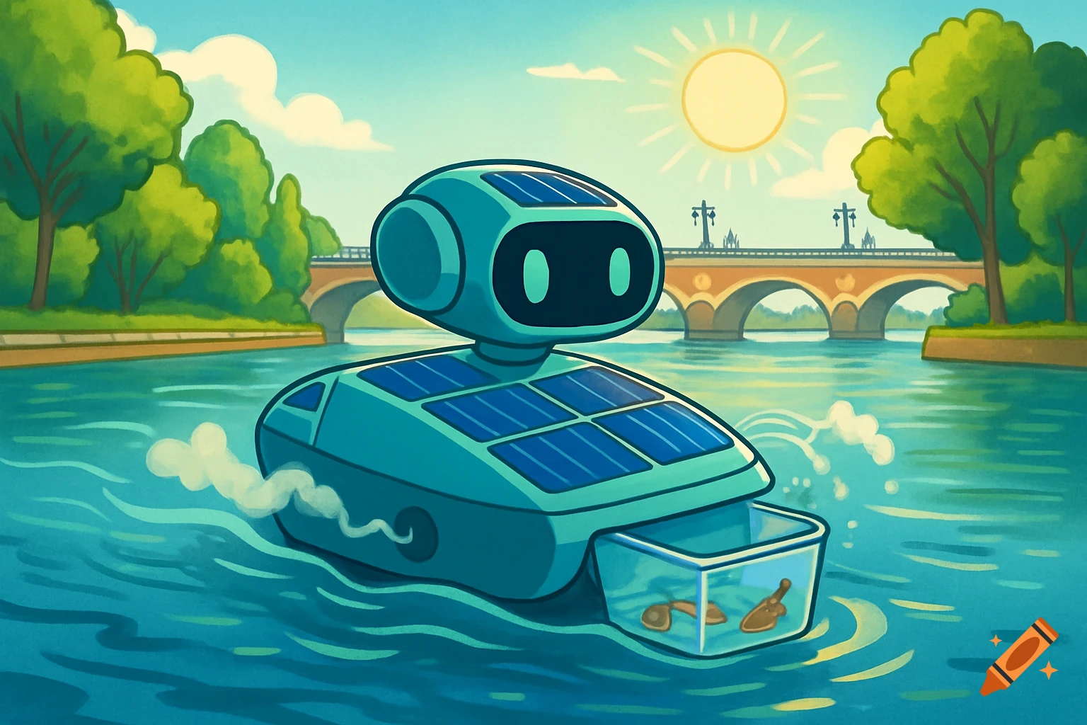 A cartoon eco-friendly robot boat with solar panels collects trash on a river with a bridge and trees under a sunny sky.