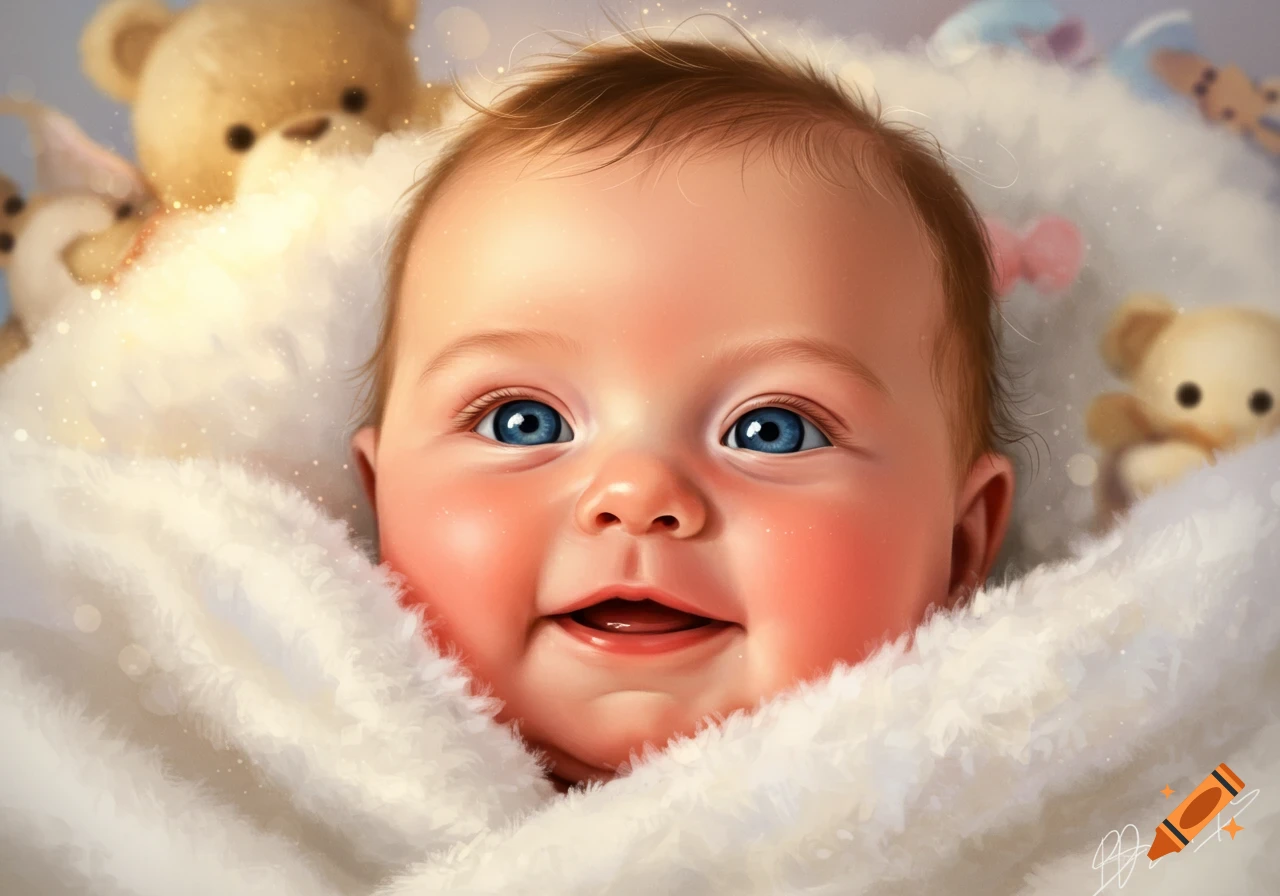 A blue-eyed baby wrapped in a white fluffy blanket, smiling, with blurred teddy bears in the background. Realistic painting style.