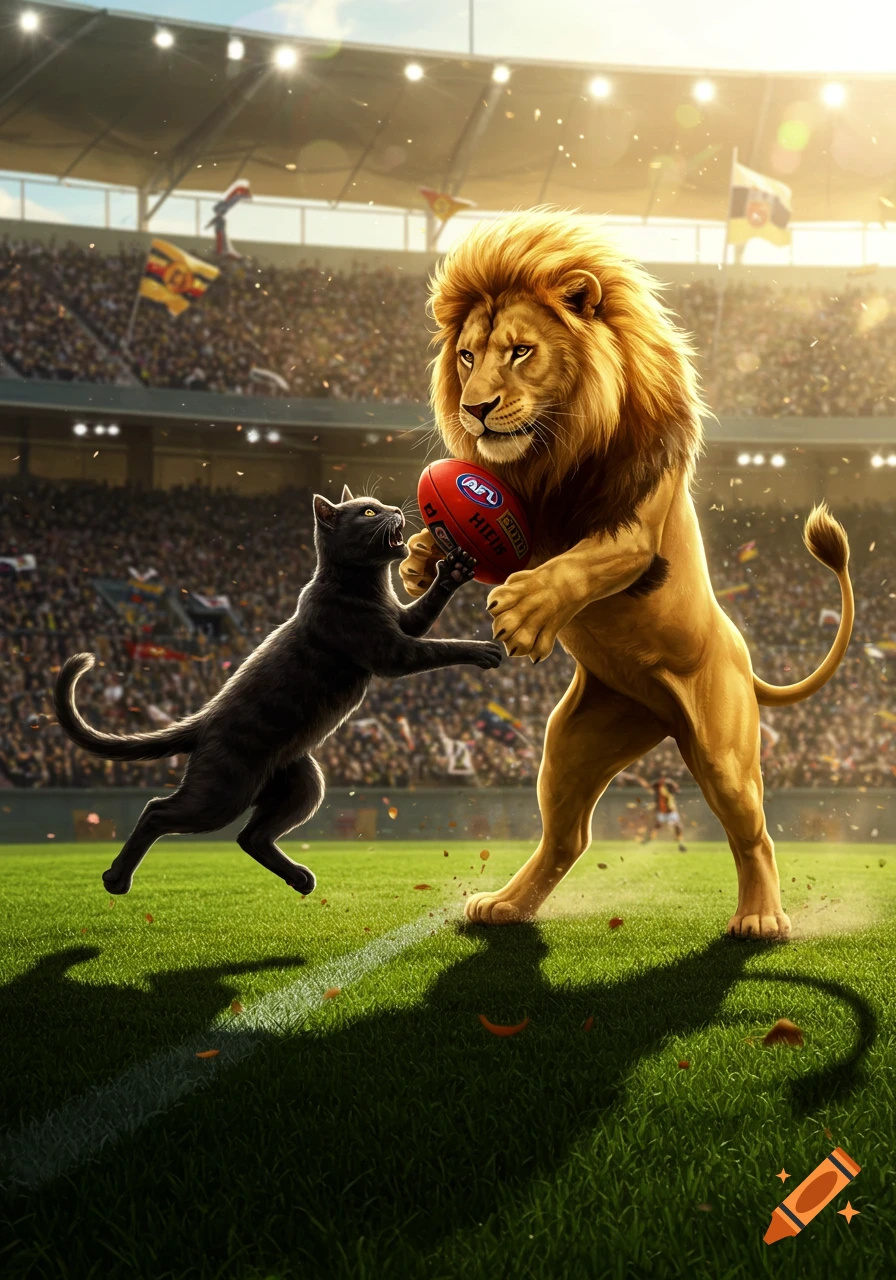 A lion and a black cat play Australian Rules Football in a stadium, with the lion holding the ball.
