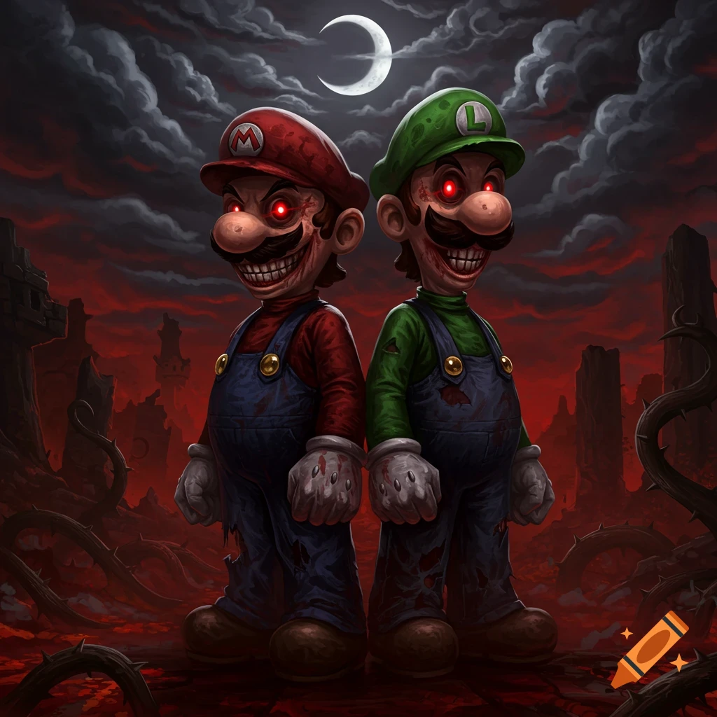 Evil Mario and Luigi with glowing red eyes and sharp teeth stand in a dark, apocalyptic landscape under a crescent moon in a horror art style.