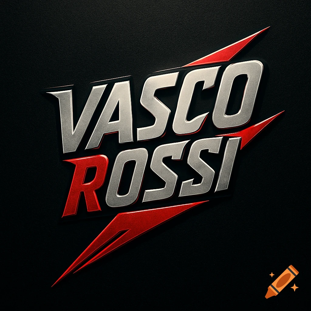 3D metallic silver and red 'VASCO ROSSI' logo on a textured black background.