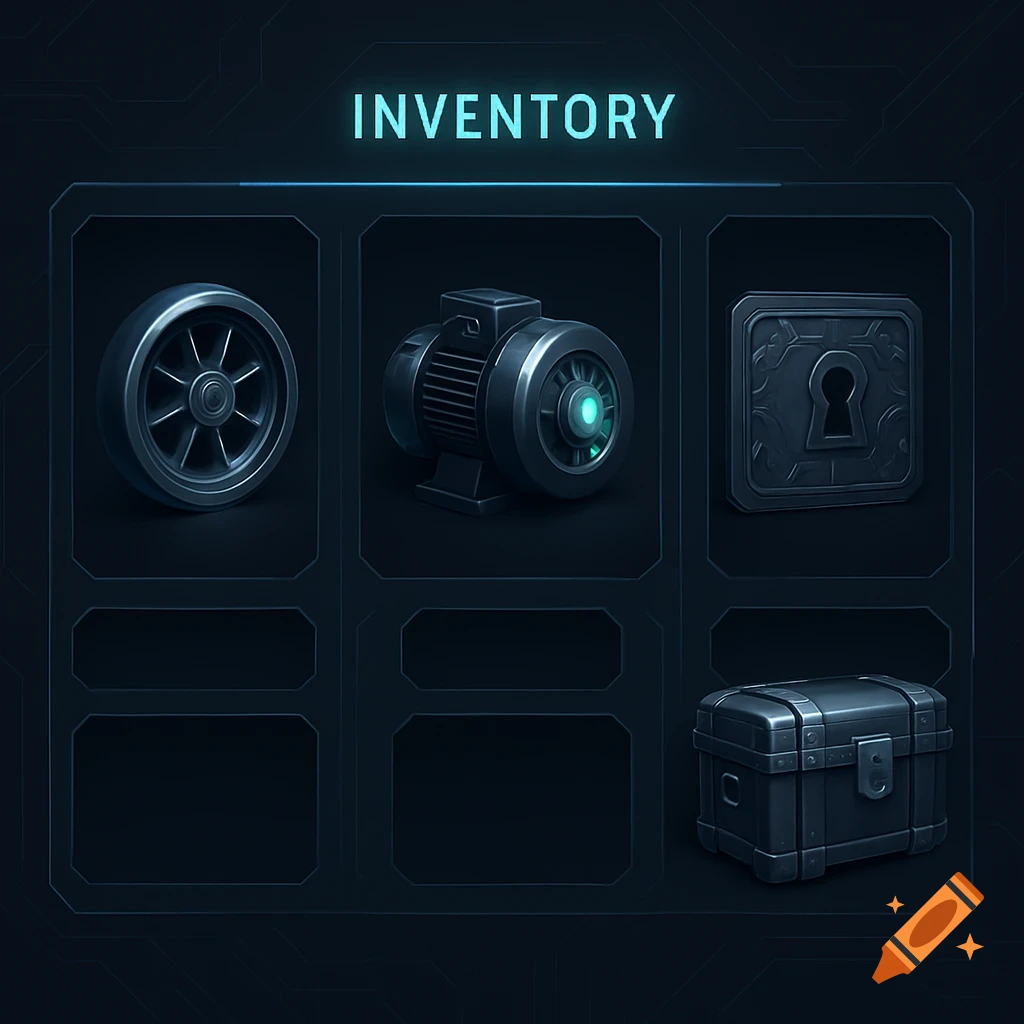 A futuristic game inventory UI with slots, displaying a wheel, an electric motor, a locked plate, and a chest.