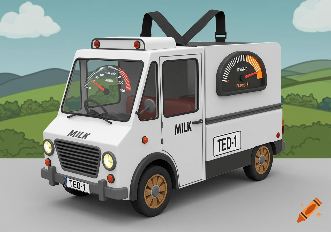 A stylized white milk float outfit, designed to be worn like a sandwich board with shoulder straps, shown outdoors with green hills in the background. The float has 'MILK' and 'TED-1' text, along with garbled text on gauges.